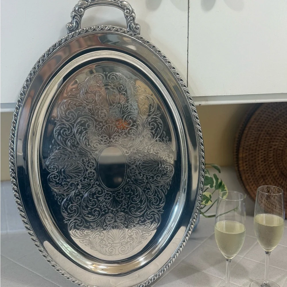 Vintage Silver Plated Oval Butler’s Tray - Ornate Etched (Handle Missing)
